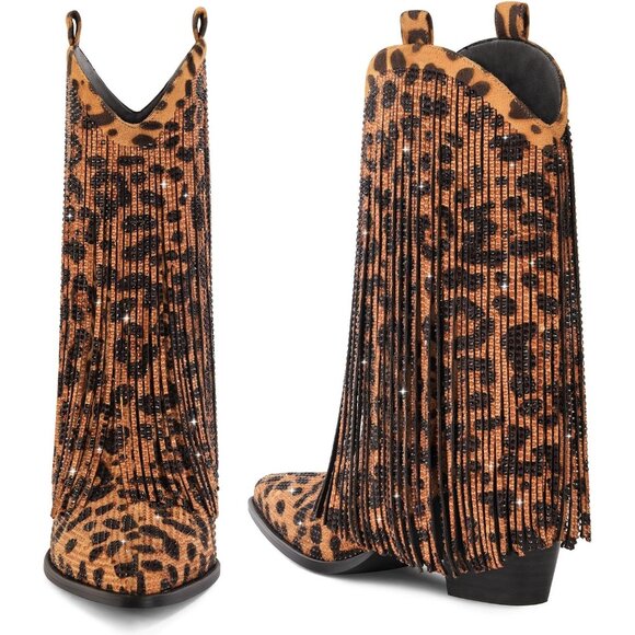 Women's Leopard Rhinestone Sparkly Fringe Chunky Heel Pointed Toe Ankle Boots - Picture 7 of 7